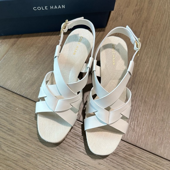Cole Haan Crystal Leather Wedge Strappy Sandal White Size 6.5 - Picture 3 of 13